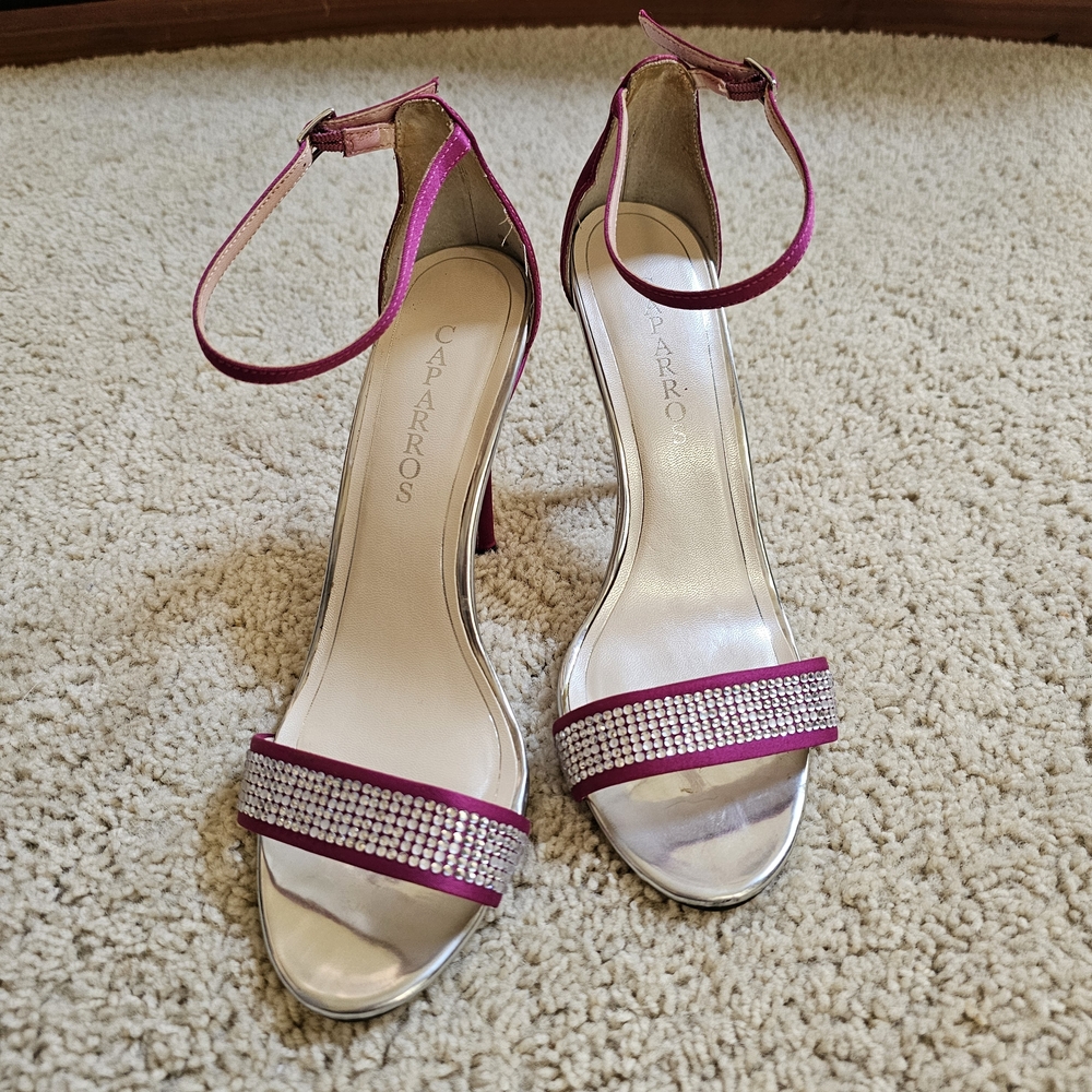 Caparros Fuchsia and Silver Rhinestones Strappy Heels Size 9.5